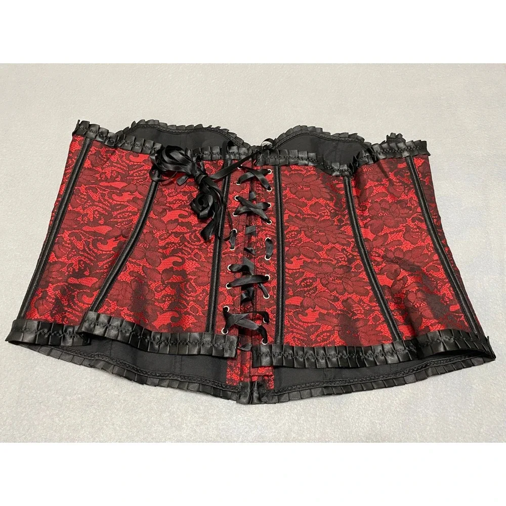 Red Black Floral Lace Boned Corset Top Gothic Steampunk Lace Up Back XL-2XL - Picture 12 of 12